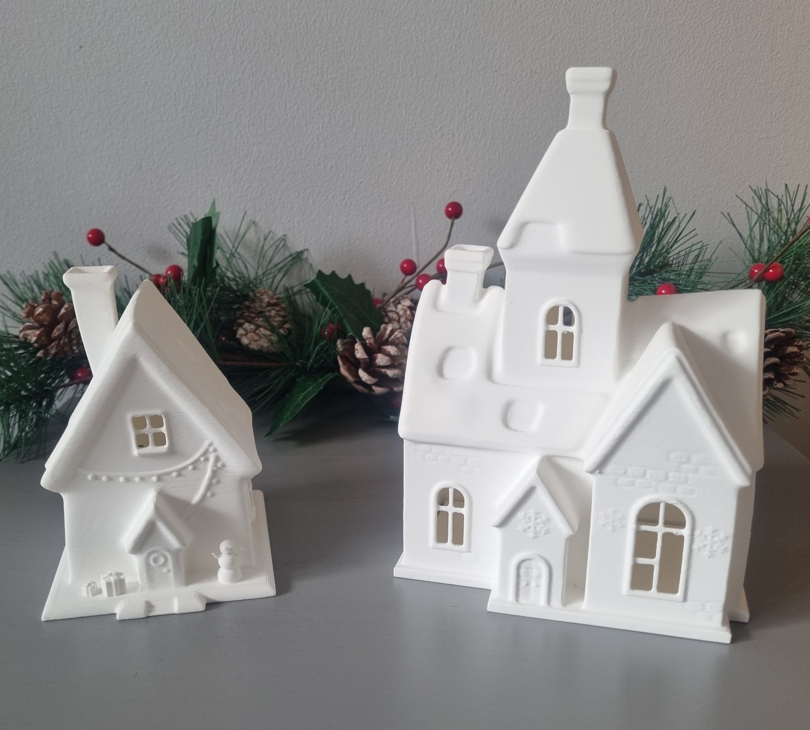 Snow church and house flameless tealight holders