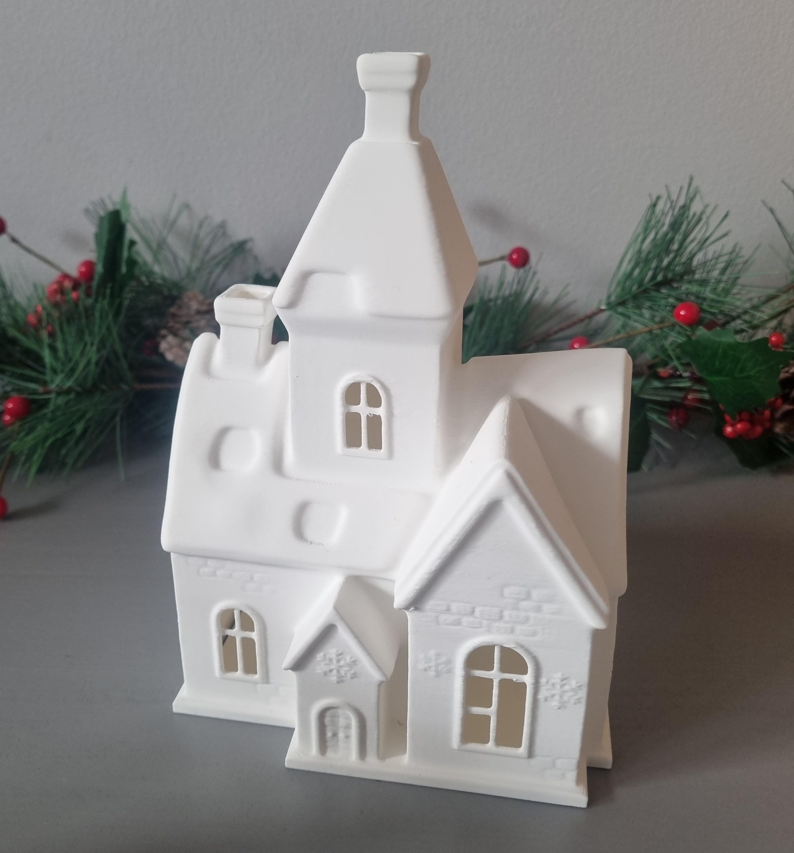 Snow church and house flameless tealight holders
