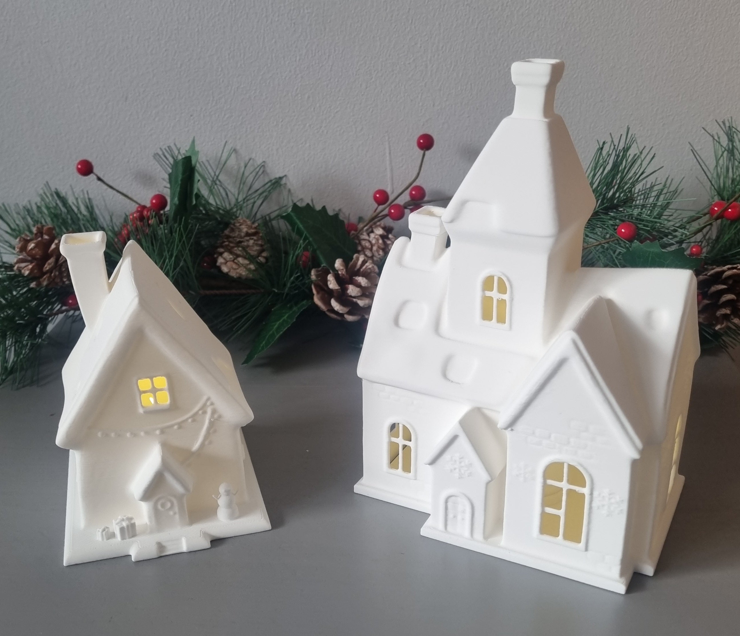 Snow church and house flameless tealight holders