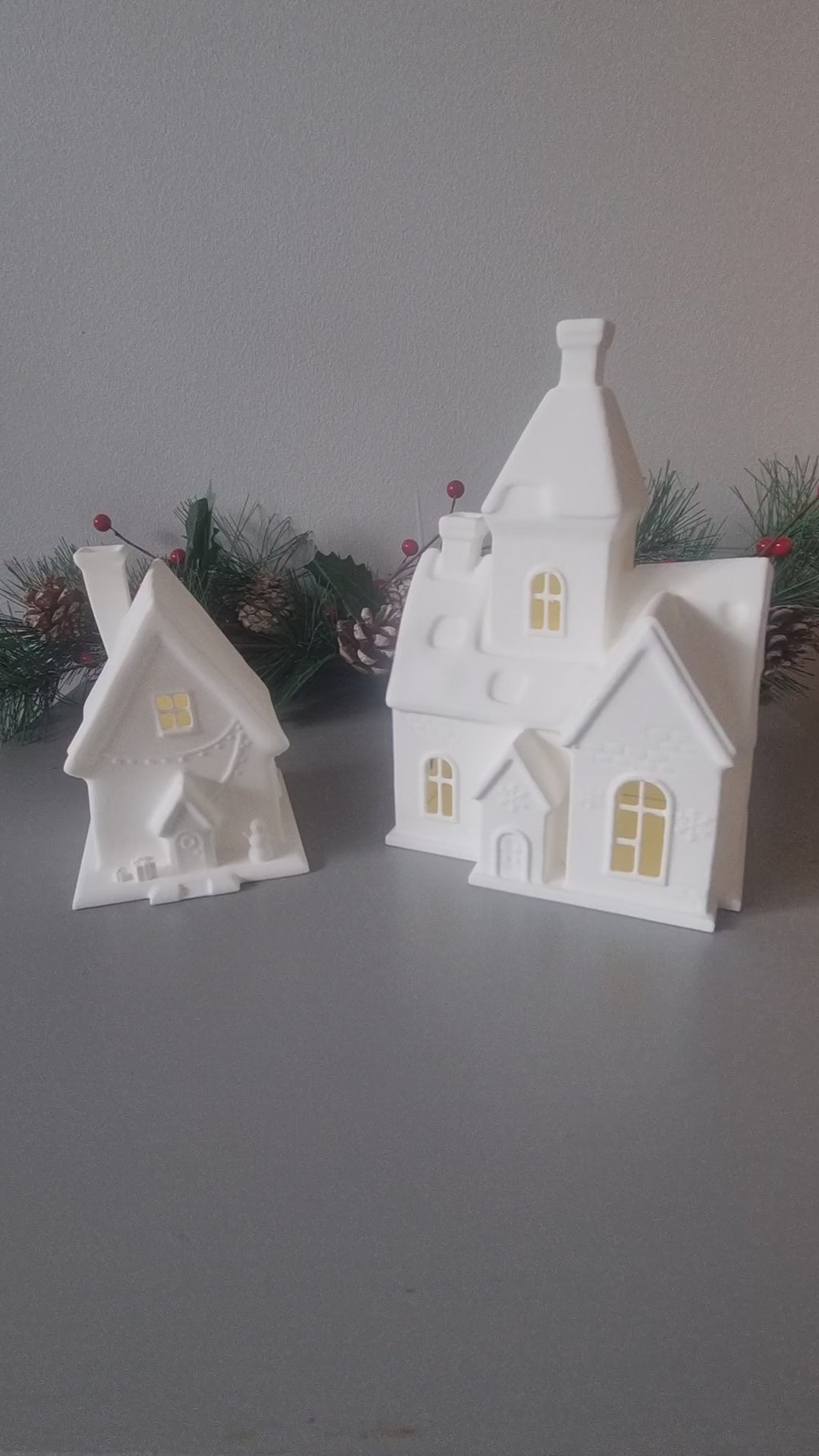 Snow church and house flameless tealight holders