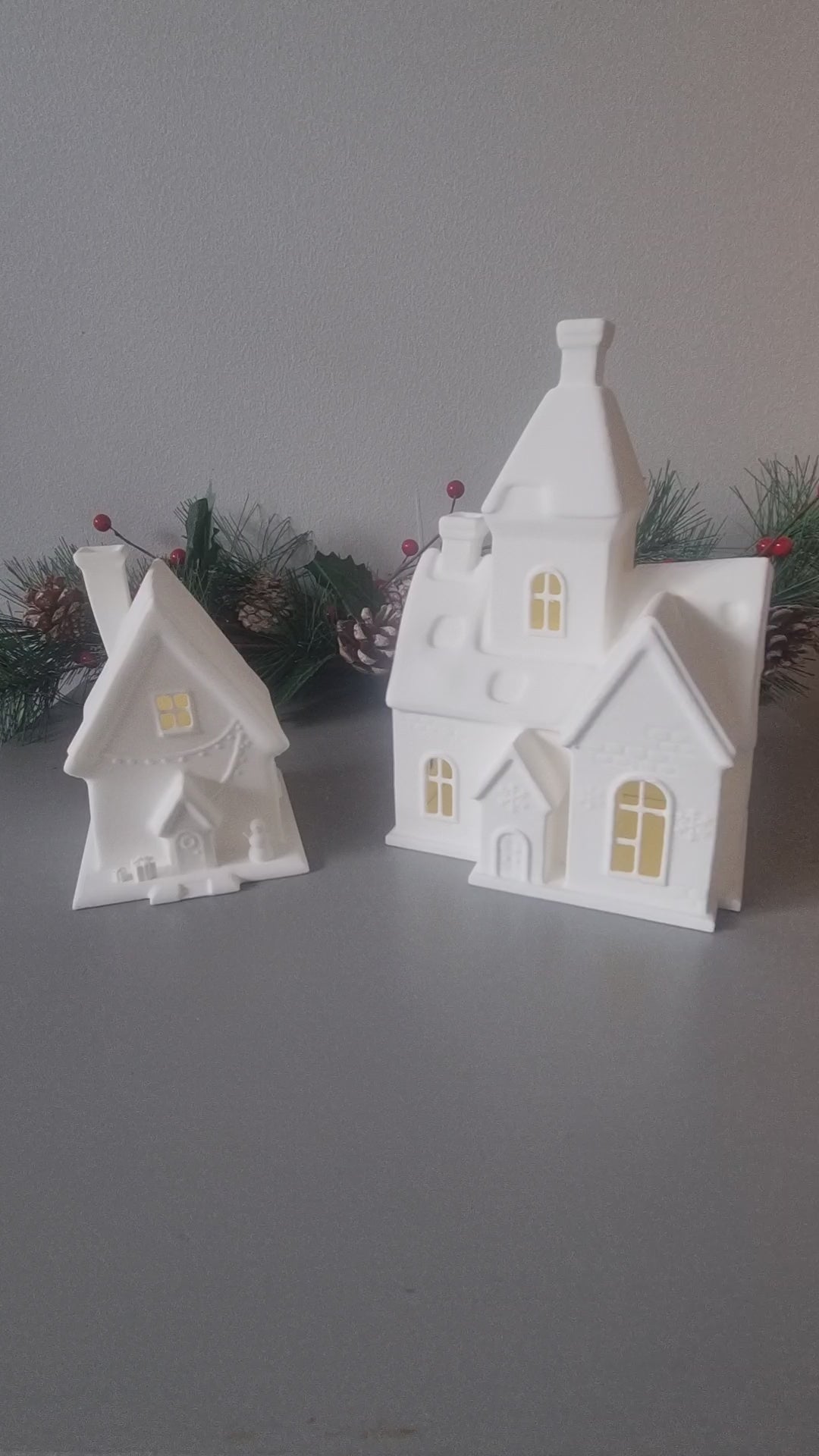 Snow church and house flameless tealight holders